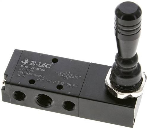 5/3-Wege Handhebelventil, G 1/4", Mittelstellung belüftet, Federrückstellung, H 532-08 PS