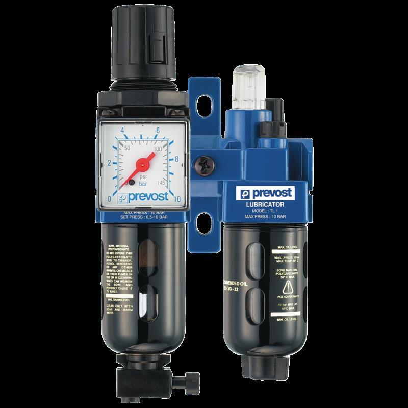 PREVOST ALTO 1 - Doppelblock - Filterregler, Manometer und Öler mit Wandbefestigungsset G1/4''