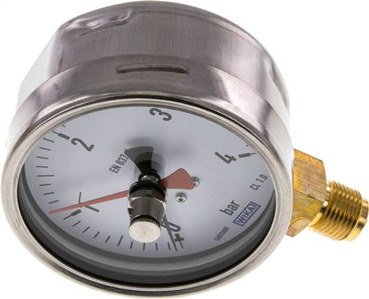 Manometer senkrecht (CrNi/Ms), 100mm, 0 - 4 bar, mit rückstellbarem Schleppzeiger