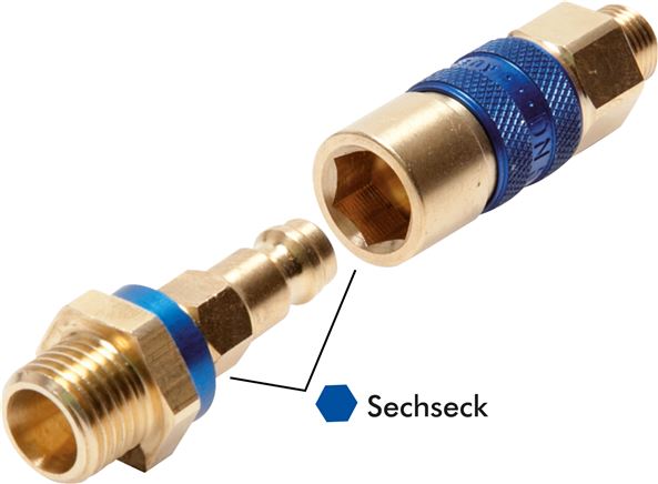 Schnellkupplung (NW5) G 1/8"(IG), blau, Sechseck SW10, Messing vernickelt