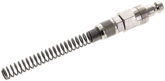 Kupplungsstecker (NW5) 6x4mm Schlauch m. Knickschutz, beidseitig absperrend, Messing vernickelt