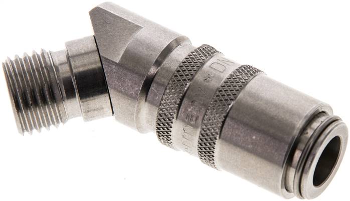 45°-Temperier-Schnellkupplung 9mm Zapfen,M 14x1,5(AG), Edelstahl 1.4305, für Stecker beidseitig absperrend