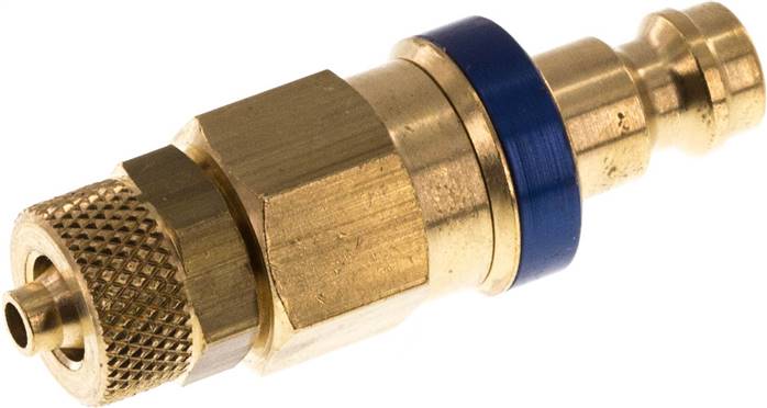 Kupplungsstecker (NW5) 6x4mm Schlauch, Messing, beidseitig absperrend, Messing blau