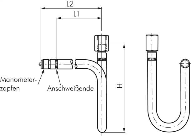 Wassersackrohr U-Form(1.4571) G 1/2" (AG)-Zapfen-G 1/2" (IG)-Spannmuffe