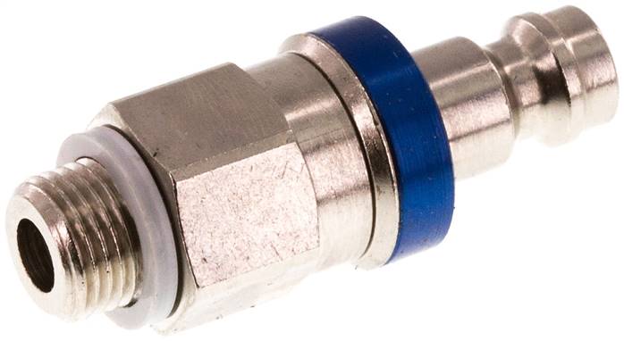 Kupplungsstecker (NW5) G 1/8"(AG), Messing vernickelt, beidseitig absperrend, blau