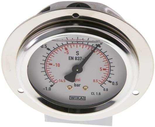 Glycerin-Einbaumanometer,Frontring, 63mm, -1 bis 0,6 bar