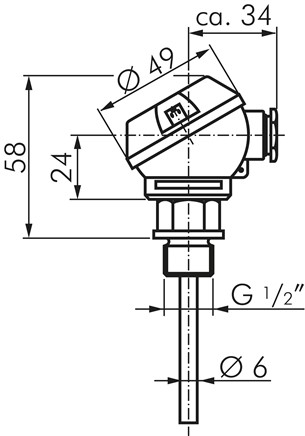 Widerstandsthermometer Pt100 (2-Leiter), G1/2"-6x300mm, ohne Halsrohr