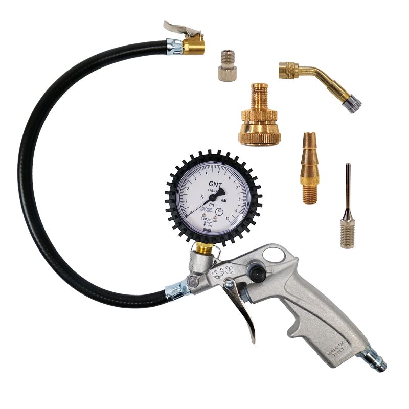 Gonfiatore per pneumatici FAIRAIR RF-G-SET, calibrato, con tubo da 37 cm + set di adattatori da 5 pezzi, FA30003