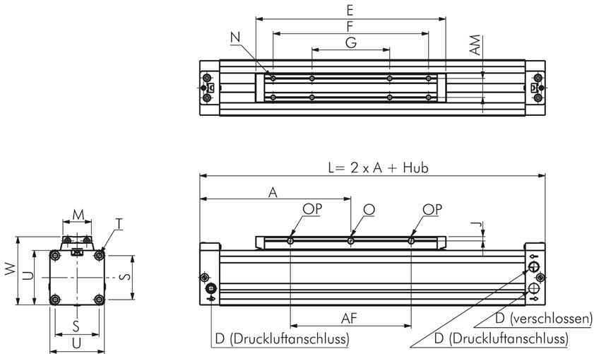 Kolbenstangenloser Zylinder,  Kolben Ø 63 mm, Hub 100 mm