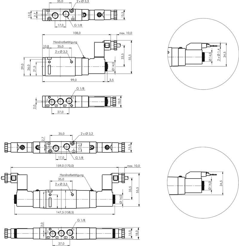 5/2-Wege Magnetventil, G 1/8", Impulsventil, 12 V=, Norm-Stecker Grösse 0
