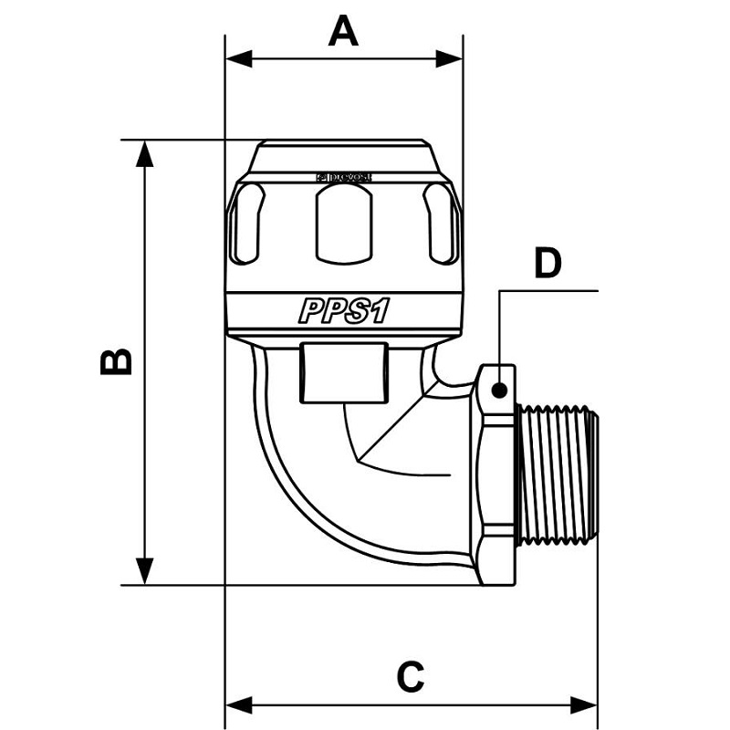 PREVOST-AUSSENGEWINDE WINKEL 90° für Rohr mit außen-Ø = 16 AG BSPT = R 1/2 AG NPT =