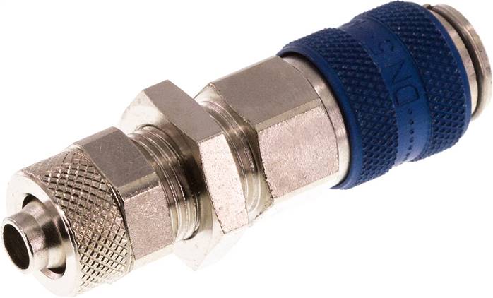 Schott-Schnellkupplung (NW5) 8x6mm Schlauch, Messing vernickelt, für Stecker beidseitig absperrend, blau