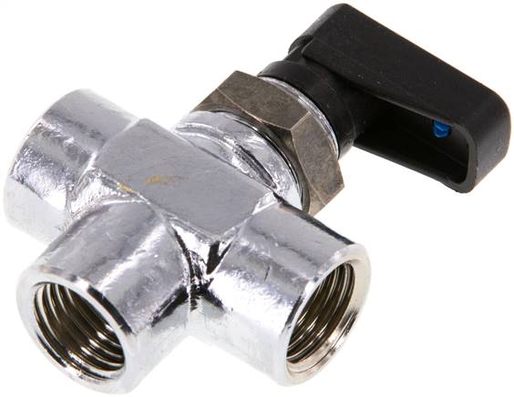 3-Wege T-Kugelhahn, Messing, L-Bohrung, G 1/4", PN 20, Messing verchromt, Dichtung: PTFE / NBR
