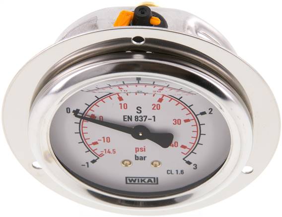Glycerin-Einbaumanometer,Frontring, 63mm, -1 bis 3 bar