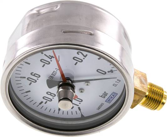 Manometer senkrecht (CrNi/Ms), 100mm, -1 bis 0 bar, mit rückstellbarem Schleppzeiger