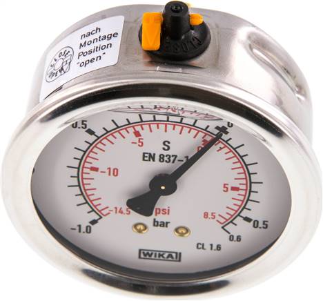 Glycerin-Manometer waagerecht (CrNi/Ms),63mm, -1 bis 0,6bar