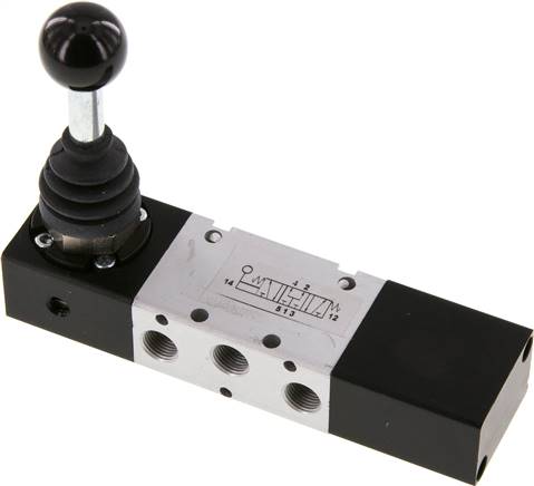 5/3-Wege Handhebelventil, G 1/8", Mittelstellung belüftet, Federrückstellung, -0,95 bis 10 bar