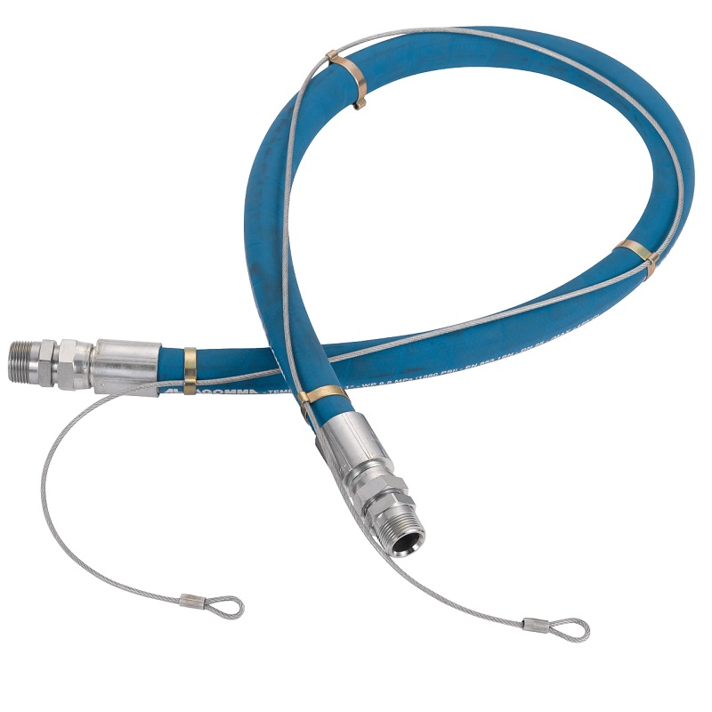 Prevost Verbindungsschläuche mit Sicherheitsstahlseil - Drehkupplungen mit Außengewinde R 1 BSPT