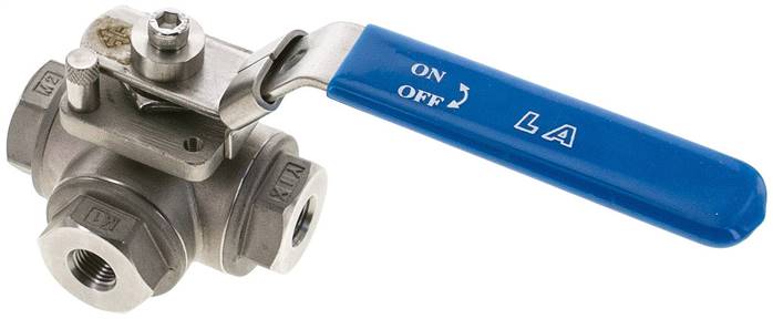 3-Wege Kugelhahn, Edelstahl, T-Bohrung, G 1/4", 0 bis 63bar