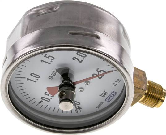 Manometer senkrecht (CrNi/Ms), 100mm, 0 - 2,5 bar, mit rückstellbarem Schleppzeiger