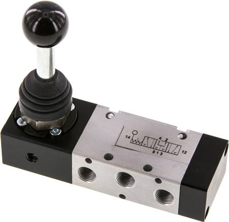 5/3-Wege Handhebelventil, G 1/8", Mittelstellung belüftet, Raste, -0,95 bis 10 bar