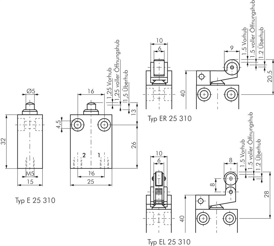3/2-Wege (NC) Endschalter mit Nocke, M 5, Breite 7mm