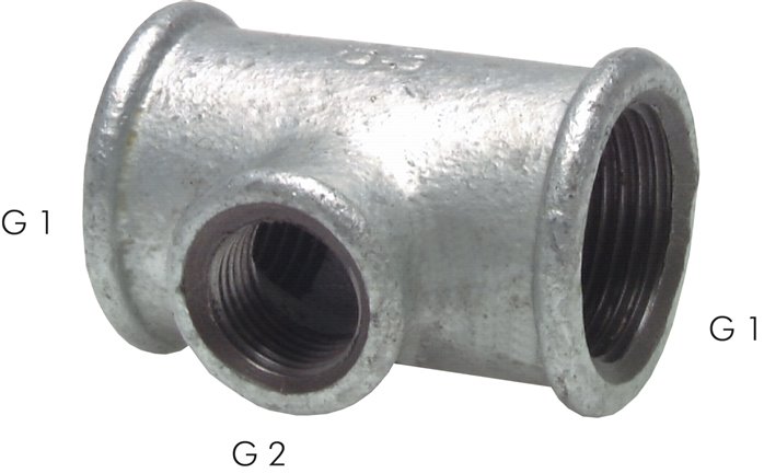 T-Stück Rp 3"-Rp 1-1/2"-Rp 3" (IG), Temperguss verzinkt