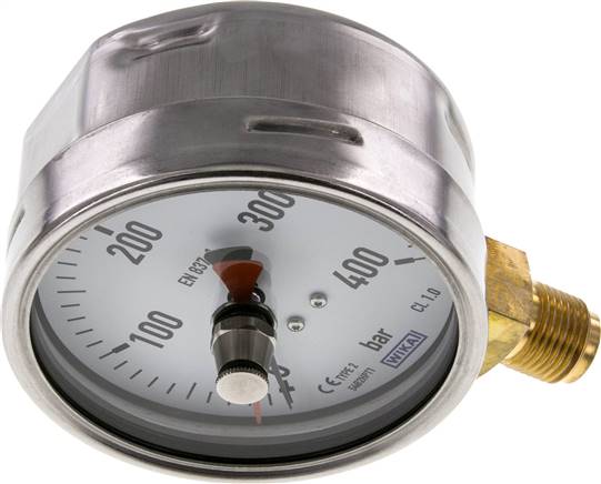 Manometer senkrecht (CrNi/Ms), 100mm, 0 - 400 bar, mit rückstellbarem Schleppzeiger