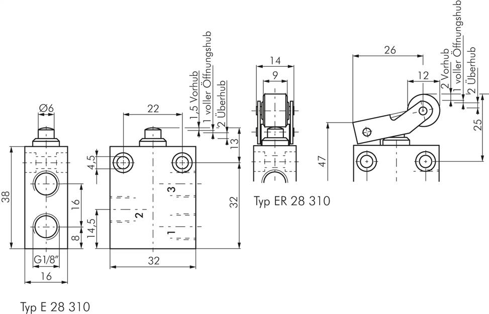 3/2-Wege (NC) Endschalter mit Rolle, G 1/8"