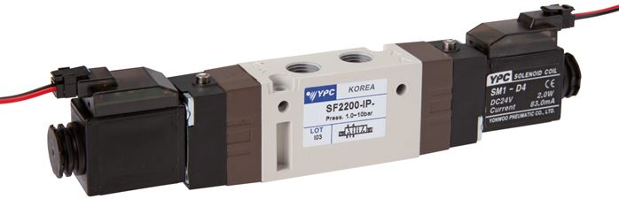 5/2-Wege Magnetventil, G 1/8", Impulsventil, 24 V=, Stecker SY100, mit LED inkl. 600 mm Kabel