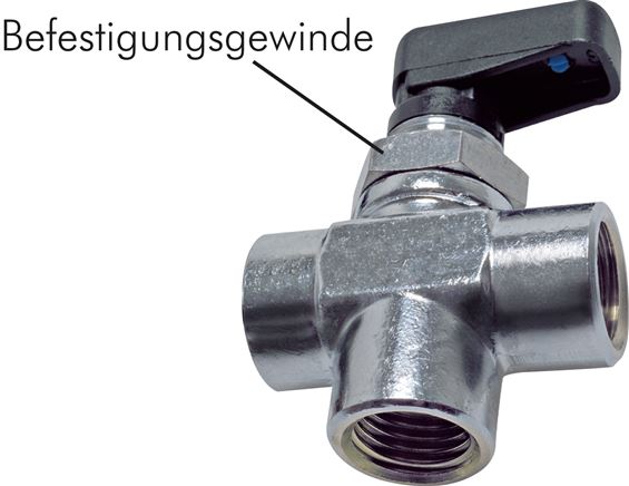 3-Wege T-Kugelhahn, Messing, L-Bohrung, G 1/4", PN 20, Messing verchromt, Dichtung: PTFE / NBR