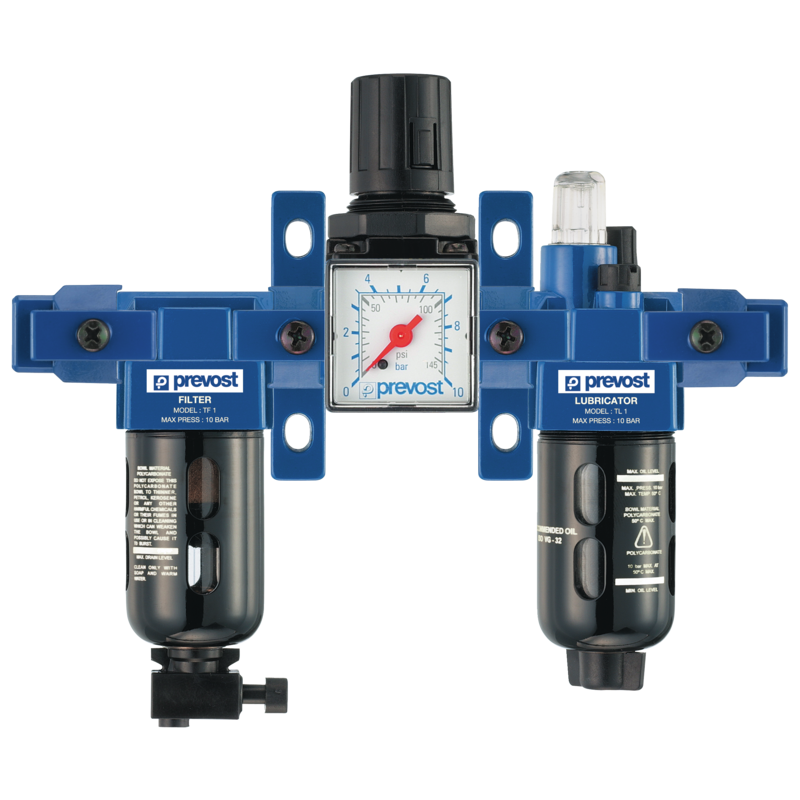 PREVOST ALTO 1 - Dreifachblock - Filterregler, Manometer und Öler mit Wandbefestigungsset und Schnellverbinder für Leitungsanschluss  G1/4''