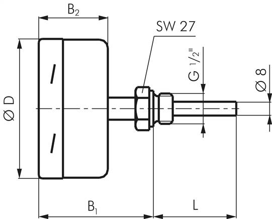 Bimetallthermometer, waagerecht D63/-20 bis +60°C/160mm, Edelstahl für aggressive Medien