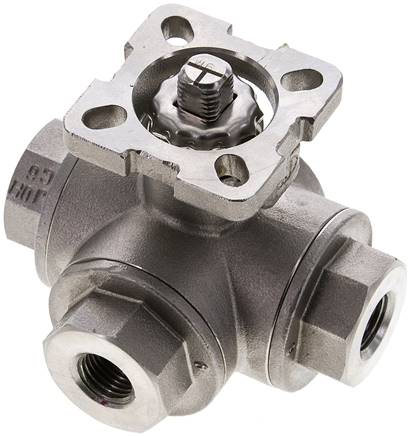 3-Wege-Kugelhahn, Direktmontageflansch G 1/4", T-Bohrung, Edelstahl 1.4408