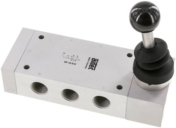 5/2-Wege Handhebelventil, Federrückstellung, G 1/2", Handhebel: Edelstahl