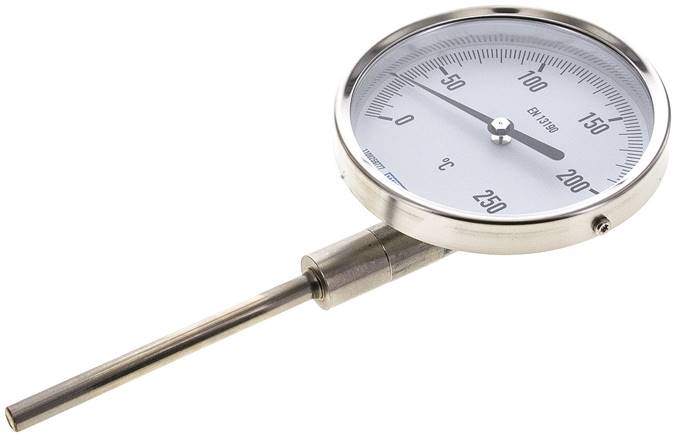 Bimetallthermometer, senkrecht D100/0 bis +250°C/100mm, Edelstahl