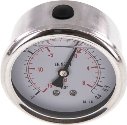 Glycerin-Manometer waagerecht (CrNi/Ms),63mm, -1 bis 0,6bar -Eco-Line